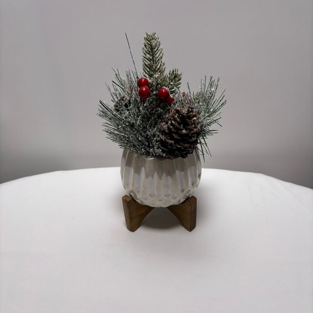 Artificial Holiday Pine in Pearlized White Pot on Wood Stand